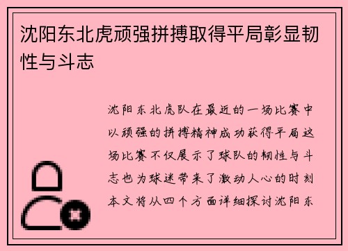 沈阳东北虎顽强拼搏取得平局彰显韧性与斗志