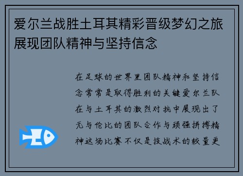 爱尔兰战胜土耳其精彩晋级梦幻之旅展现团队精神与坚持信念