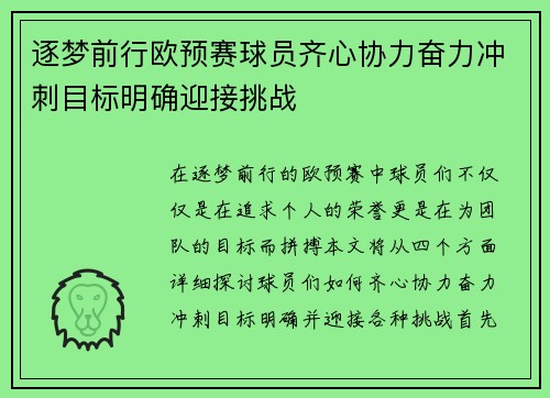 逐梦前行欧预赛球员齐心协力奋力冲刺目标明确迎接挑战