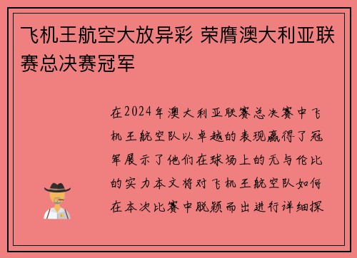 飞机王航空大放异彩 荣膺澳大利亚联赛总决赛冠军